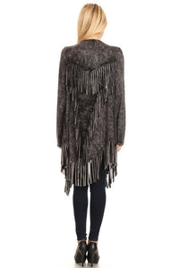 Acid Washed Black Fringe Cardigan